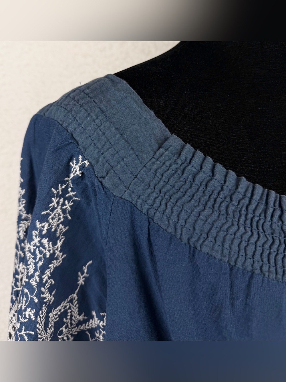 Navy Blue/White Embroidered Boho Smocked-Neck Peasant Blouse, M - Picture 9 of 10